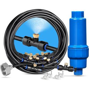 imageHOMENOTE Misting System with Filter 262FT 8M Misting Line  7 Brass Mist Nozzles  Brass Adapter34quot  Large Calcium Inhibitor Filter Mister for Outside Patio Cooling Greenhouse Garden Watering5905FT18M