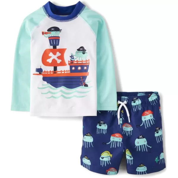 The Children's Place Boys' and Toddler Long Sleeve Rashguard and Swim Trunk 2 Piece Set
