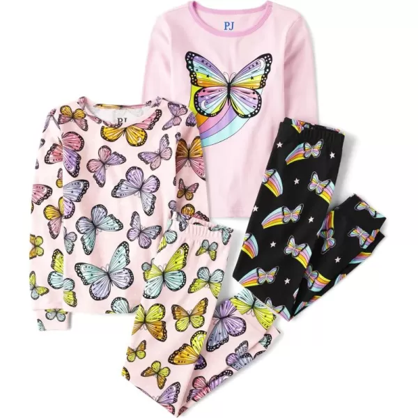 The Children's Place Girls' Long Sleeve Top and Pants Snug Fit 100% Cotton 4 Piece Pajama Set