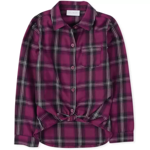 The Children's Place Girls' Long Sleeve Plaid Twill Tie Front Button Down Shirt