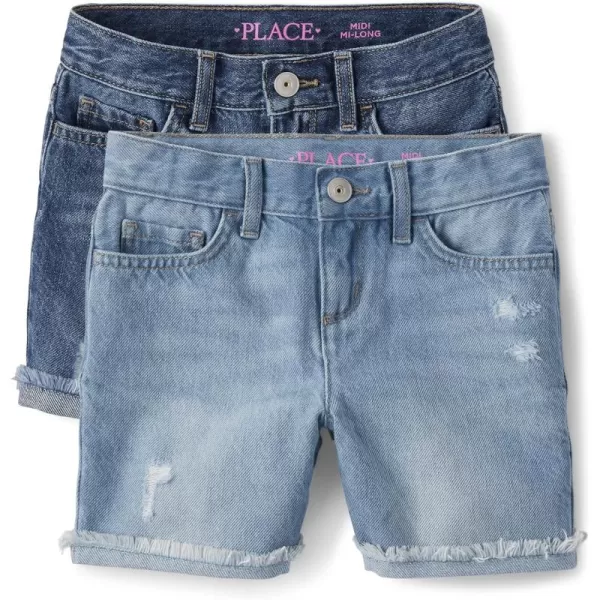 The Children's Place girls Distressed 2 pack Denim Midi Shorts