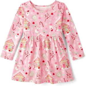 imageThe Childrens Place Baby Girls and Toddler Long Sleeve Casual DressesPink Christmas Print