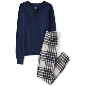 imageThe Childrens Place Boys Long Sleeve Top and Pants Snug Fit 100 Cotton 2 Piece Pajama SetsBlue Vanilla Plaid