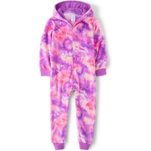 imageThe Childrens Place Girls Long Sleeve Fleece Zip Up One Piece PajamaPink Purple Spiral