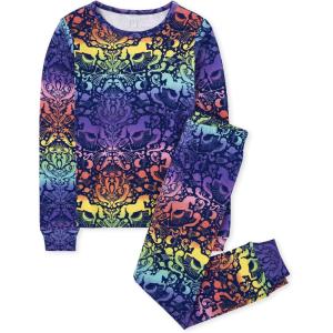 imageThe Childrens Place Girls Single Long Sleeve Top and Pants Snug Fit 100 Cotton 2 Piece Pajama SetsAllover Rainbow Unicorn