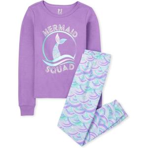 imageThe Childrens Place Girls Single Long Sleeve Top and Pants Snug Fit 100 Cotton 2 Piece Pajama SetsMermaid Squad