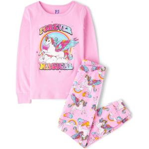 imageThe Childrens Place Girls Single Long Sleeve Top and Pants Snug Fit 100 Cotton 2 Piece Pajama SetsSparkle Pink Unicorn