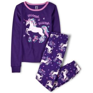imageThe Childrens Place Girls Single Long Sleeve Top and Pants Snug Fit 100 Cotton 2 Piece Pajama SetsViolet Unicorns Dreams