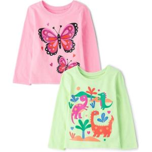 imageThe Childrens Place Baby Girls Cow Girl Graphic Long Sleeve Tee 2 PackButterfly PinkDinos 2pack