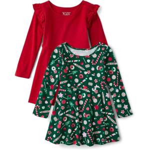imageThe Childrens Place Baby Toddler Girls Long Sleeve Fashion Skater DressesCandyRed 2pack