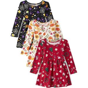 imageThe Childrens Place Baby Toddler Girls Long Sleeve Fashion Skater DressesSpooky DoodleHarvest PumpkinChristmas Cheer 3pack