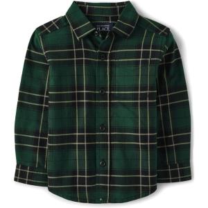 imageThe Childrens Place Baby Boys and Toddler Long Sleeve Plaid Flannel Button Up ShirtGreen Plaid
