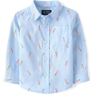 imageThe Childrens Place Baby Boys and Toddler Poplin Long Sleeve Button Down ShirtBlue Carrot Print
