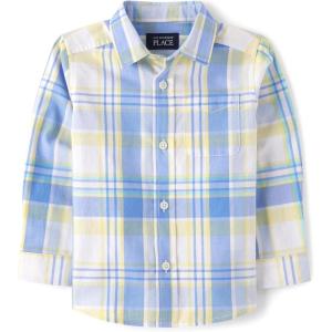 imageThe Childrens Place Baby Boys and Toddler Poplin Long Sleeve Button Down ShirtBlue Yellow Plaid