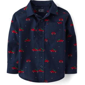 imageThe Childrens Place Baby Boys and Toddler Poplin Long Sleeve Button Down ShirtChristmas Truck Print