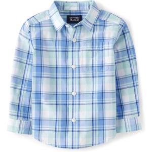 imageThe Childrens Place Baby Boys and Toddler Poplin Long Sleeve Button Down ShirtMellow Aqua Plaid