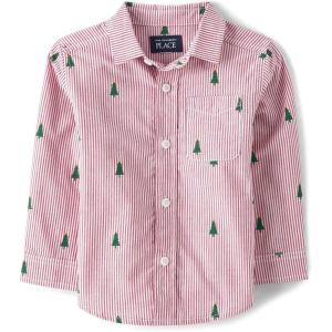 imageThe Childrens Place Baby Boys and Toddler Poplin Long Sleeve Button Down ShirtRed Tree Stripe