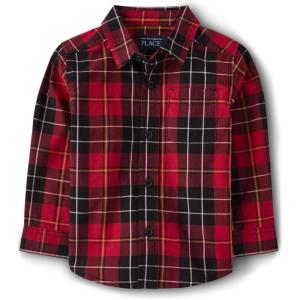 imageThe Childrens Place Baby Boys and Toddler Poplin Long Sleeve Button Down ShirtRedBlack Plaid