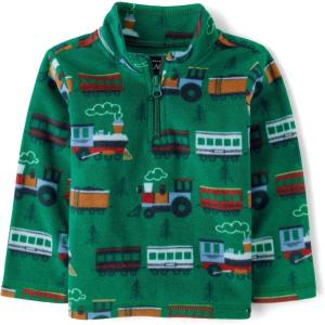 imageThe Childrens Place Baby Toddler Boys Warm Fleece Quarter Zip PulloverGreen Trains