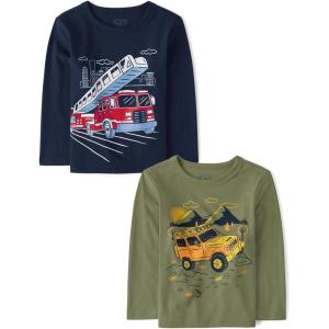 imageThe Childrens Place Baby Boys Dino Long Sleeve Graphic TShirtsFiretruckGreen Truck 2pack