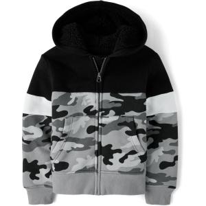 imageThe Childrens Place Boys Long Sleeve Sherpa Lined ZipFront Hoodie SweatshirtBlack Camo Colorblock