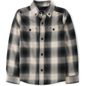 imageThe Childrens Place Boys Long Sleeve Plaid Flannel Button Up ShirtBlackWhite Plaid
