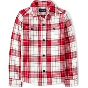 imageThe Childrens Place Boys Long Sleeve Plaid Flannel Button Up ShirtRed Cane Plaid