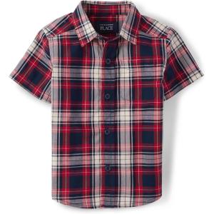 imageThe Childrens Place Baby Boys Poplin Short Sleeve Button Down ShirtApple Red Plaid