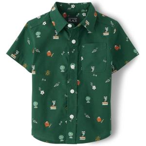 imageThe Childrens Place Baby Boys Poplin Short Sleeve Button Down ShirtGreen School Print