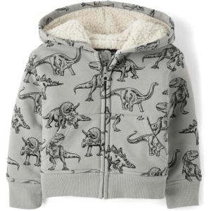 imageThe Childrens Place Baby Boys and Toddler Long Sleeve Sherpa Lined ZipFront Hoodie SweatshirtGrey Dino