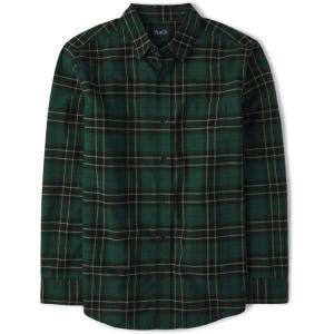 imageThe Childrens Place Mens Long Sleeve Button Up ShirtGreen Pine Poplin