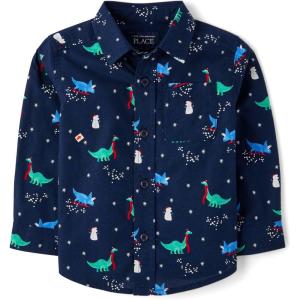 imageThe Childrens Place Baby Boys and Toddler Long Sleeve Button Down ShirtHoliday Dinosaurs