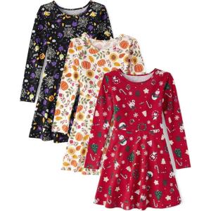 imageThe Childrens Place Baby Girls Candy Cane Skater Dress 2 PackHalloweenHarvestChristmas Prints 3pack