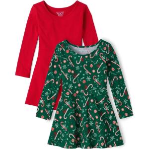 imageThe Childrens Place Baby Girls Candy Cane Skater Dress 2 PackRedCandy Cane Green 2pack