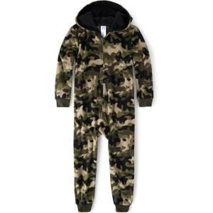 imageThe Childrens Place Boys Long Sleeve Fleece Zip Up One Piece Pajama SeasonalGreen Camo