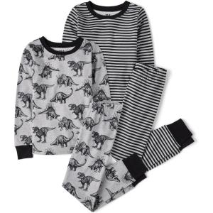 imageThe Childrens Place Boys Long Sleeve Snug Fit Cotton 2 Piece PajamasDino Stripe 2pack