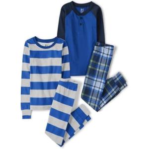 imageThe Childrens Place Boys Long Sleeve Top and Pants Snug Fit 100 Cotton 2 Piece Pajama SetsEssential Blue 2 Pack