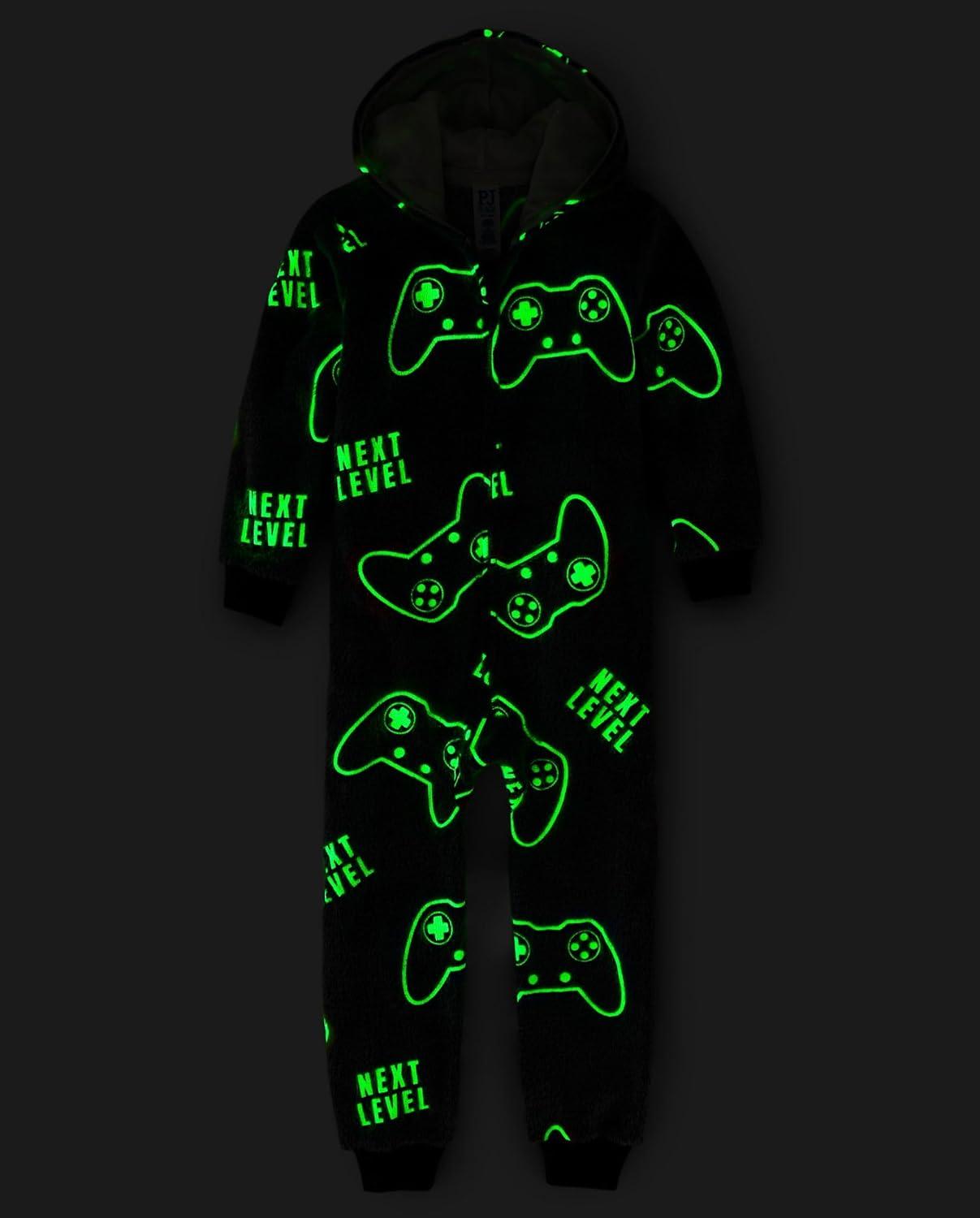 imageThe Childrens Place Boys Long Sleeve Hooded Fleece Lined Zip Up One Piece PajamasGamer Onsiesherpa