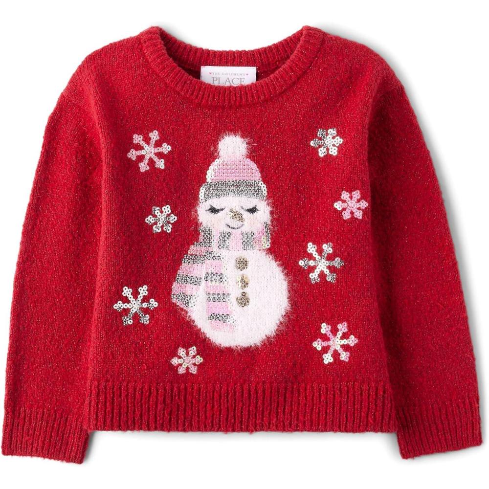 imageThe Childrens Place Baby Girls and Toddler Long Sleeve Crew Neck Pullover SweaterRed Snowman