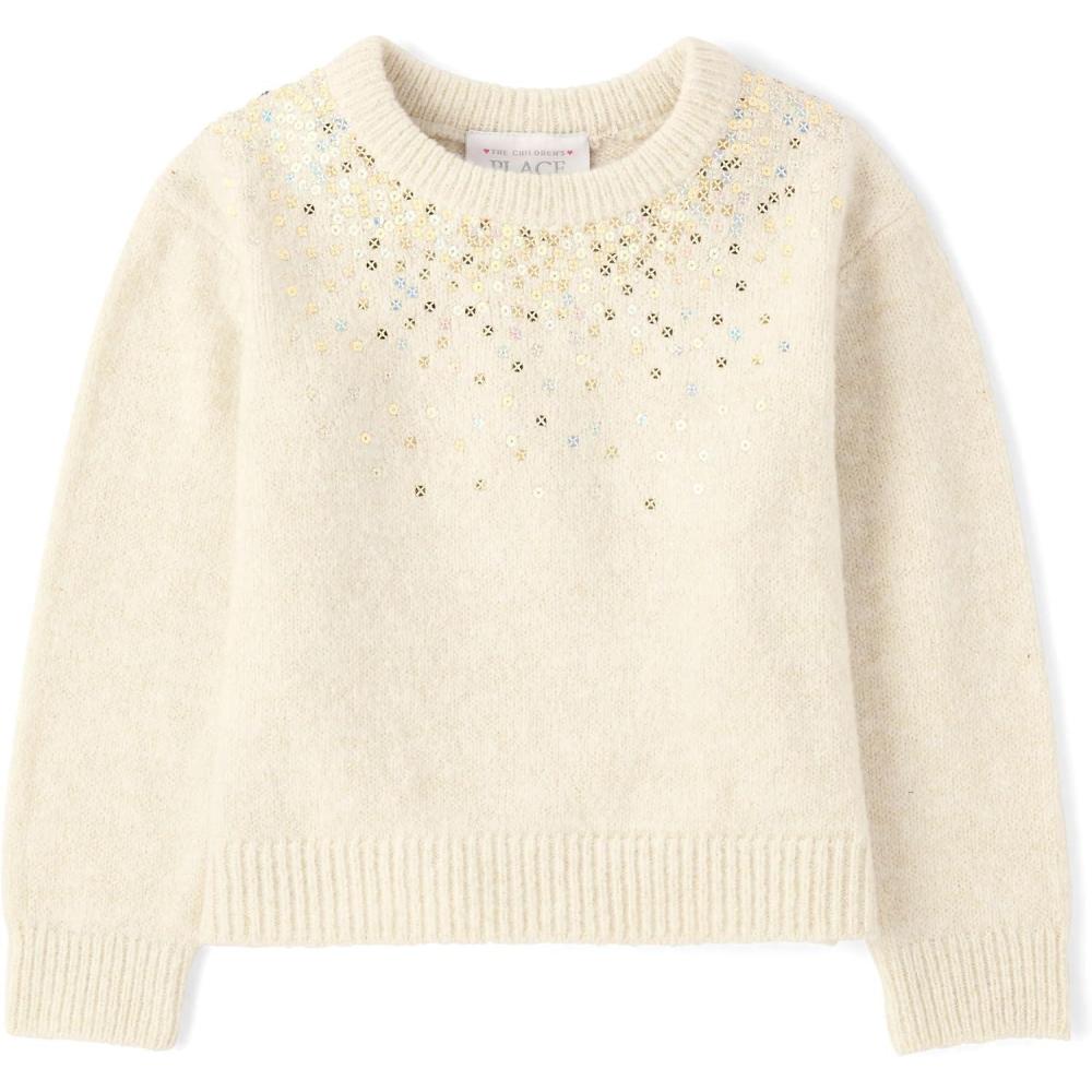 imageThe Childrens Place Baby Girls and Toddler Long Sleeve Crew Neck Pullover SweaterWhite Sequin