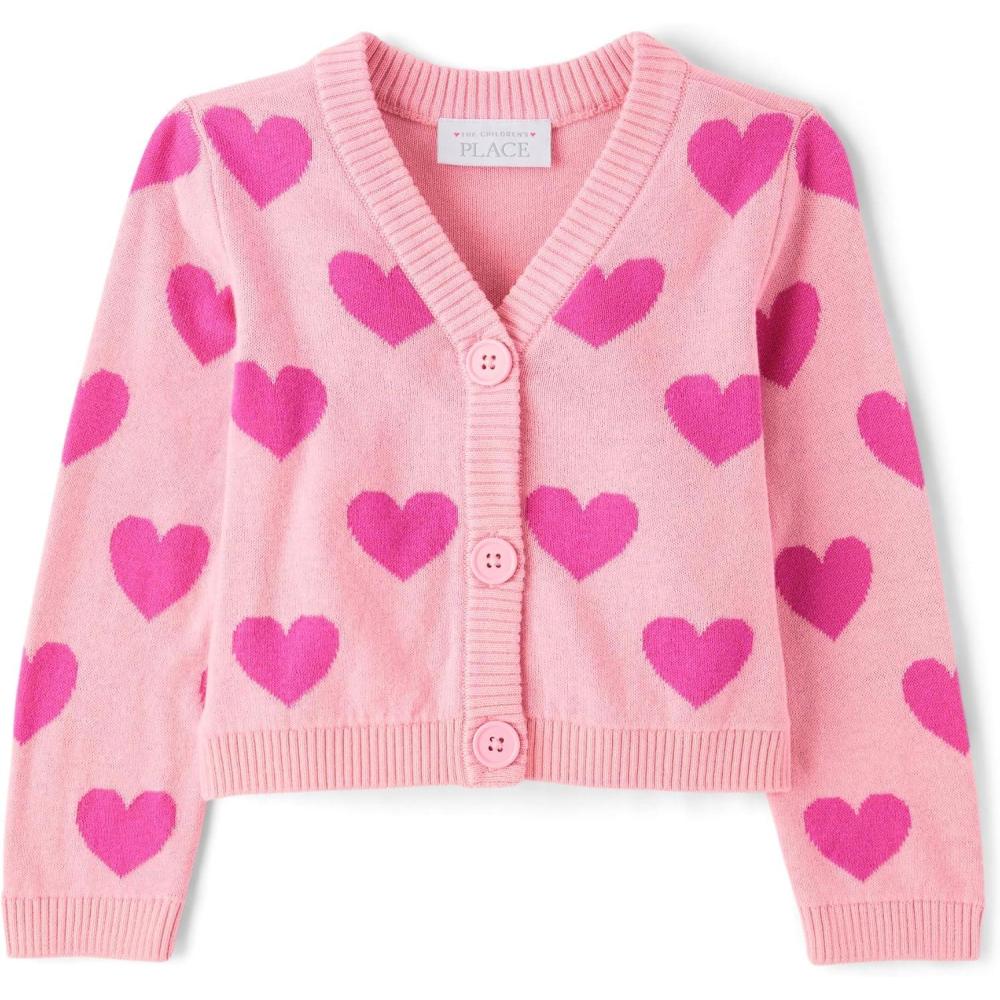imageThe Childrens Place Baby Girls and Toddler Long Sleeve Knit Button CardiganPink Valentine Hearts