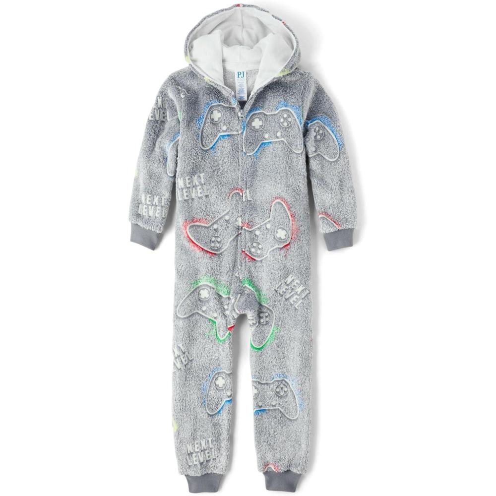 imageThe Childrens Place Boys Long Sleeve Hooded Fleece Lined Zip Up One Piece PajamasGamer Onsiesherpa