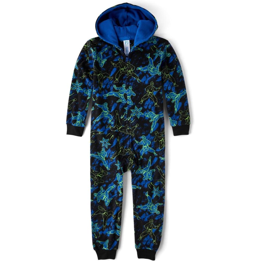 imageThe Childrens Place Boys Long Sleeve Hooded Fleece Lined Zip Up One Piece PajamasNinja