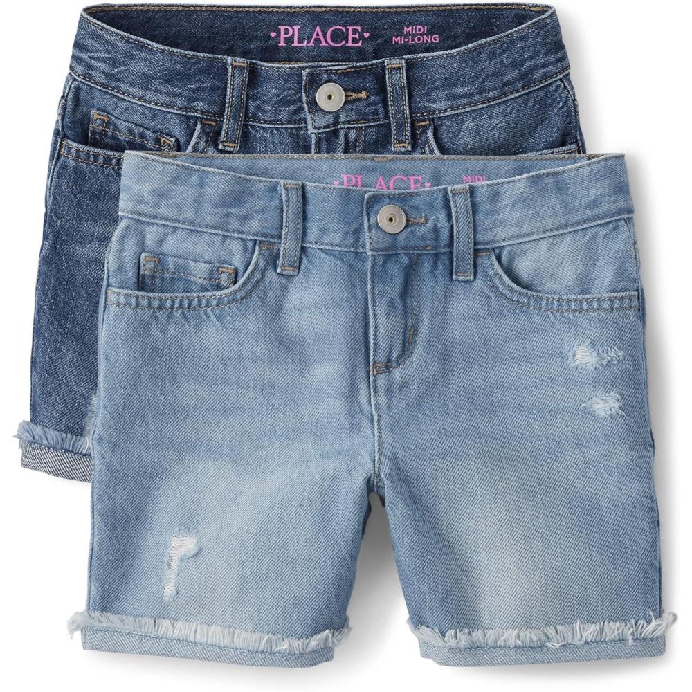 imageThe Childrens Place Girls Distressed 2 pack Denim Midi ShortsDestructed Peony Wash