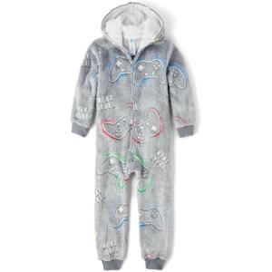 imageThe Childrens Place Boys Long Sleeve Hooded Fleece Lined Zip Up One Piece PajamasGamer Onsiesherpa