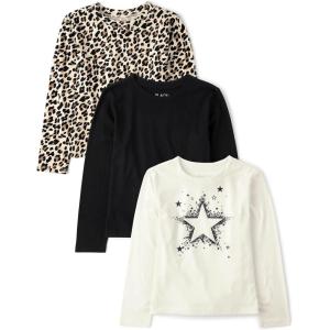 imageThe Childrens Place Girls Long Sleeve Knit Fashion ShirtStarBlackLeopard 3pack