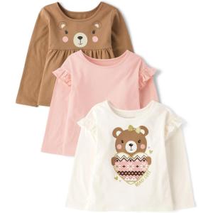 imageThe Childrens Place Girls Long Sleeve Knit Fashion ShirtTeddy BearRoseTeddy Bear Heart 3pack