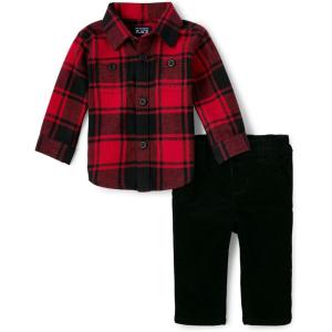 imageThe Childrens Place Baby Boys Long Sleeve Button Down Shirt and Chino Pants Set 2packRedBlack Plaid