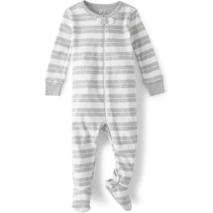 imageThe Childrens Place Baby Boys and Toddler Long Sleeve 100 Cotton ZipFront One Piece Footed PajamaGrey Stipe
