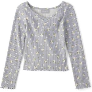 imageThe Childrens Place Girls Basic Long Sleeve VNeck Knit ShirtsGrey Floral